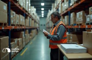 Armazém aduaneiro com mercadorias importadas e documentos fiscais representando o IPI na importação