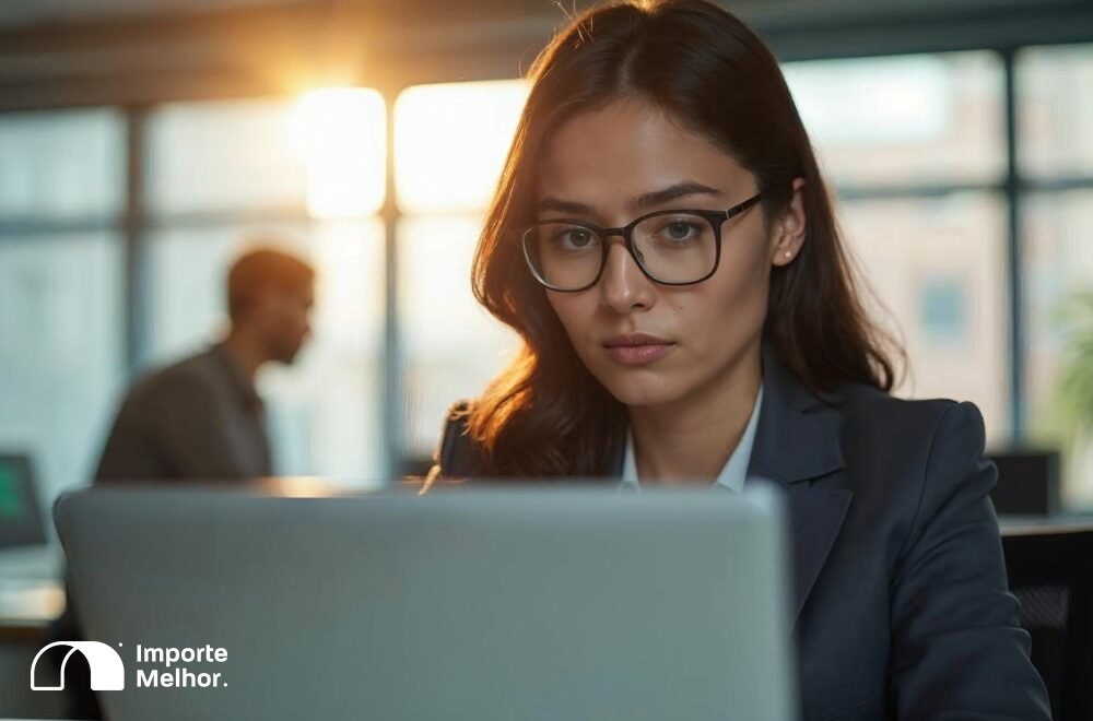 Empresário analisando processo de admissão temporária importação no computador