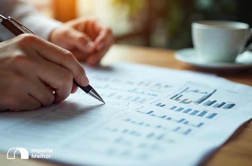 Analista verificando planilhas de isenção do AFRMM importação sobre mesa de trabalho