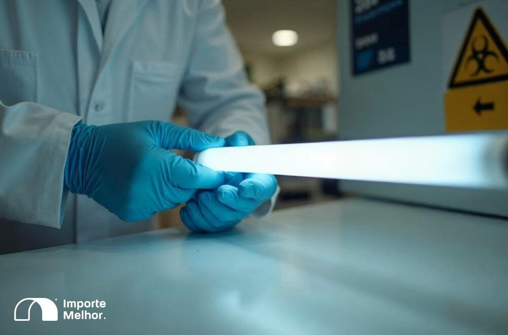 Especialista manuseando lâmpada fluorescente com mercúrio, representando o risco ambiental que motivou a busca por alternativas lâmpadas fluorescentes mercúrio