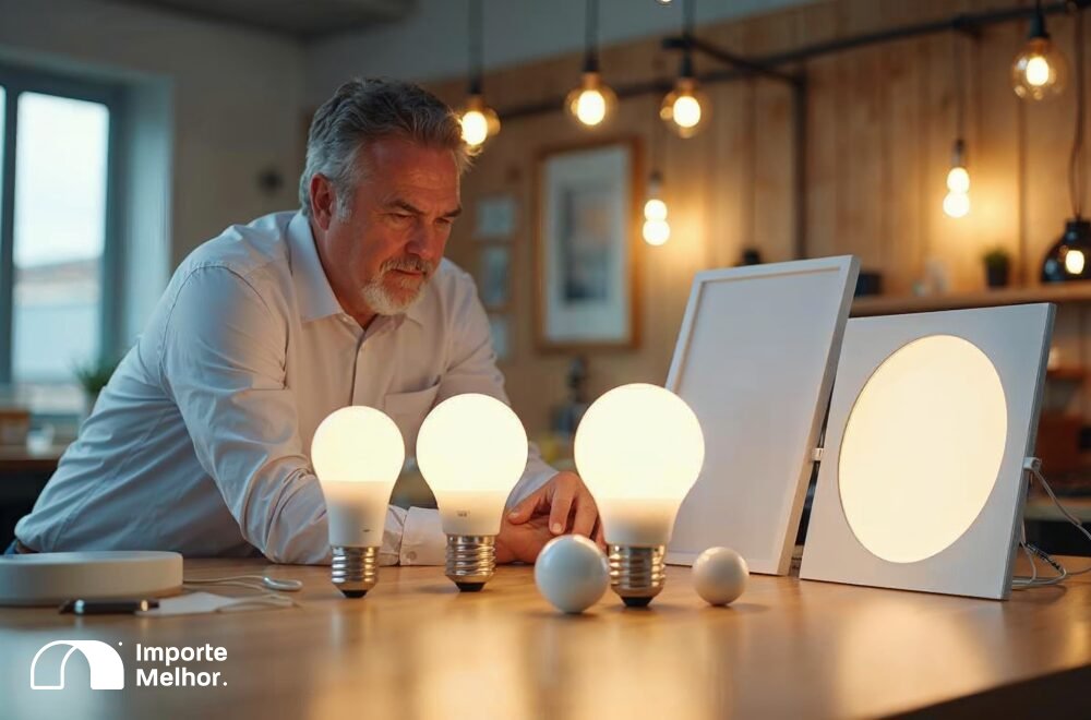 Empresário analisando alternativas lâmpadas fluorescentes mercúrio comparando opções de LED para importação