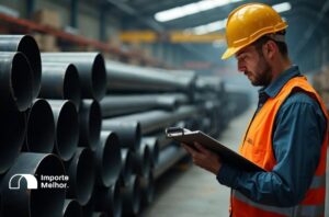 Inspetor conferindo tubos de aço carbono em armazém para anuência Inmetro
