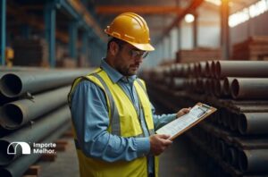 Inspetor conferindo tubos de aço carbono em armazém, representando a anuência Inmetro tubos de aço