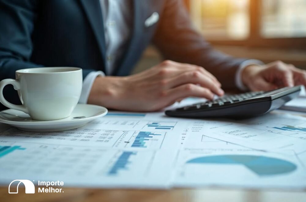 Contador analisando planilha de custos de câmbio na importação com calculadora