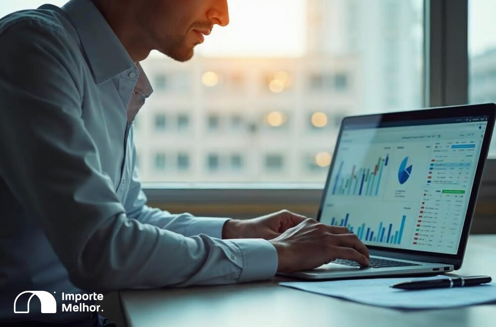 Empresário analisando taxa de câmbio na importação em notebook
