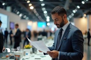 Canton Fair importadores brasileiros: empresário revisando lista de fornecedores na feira