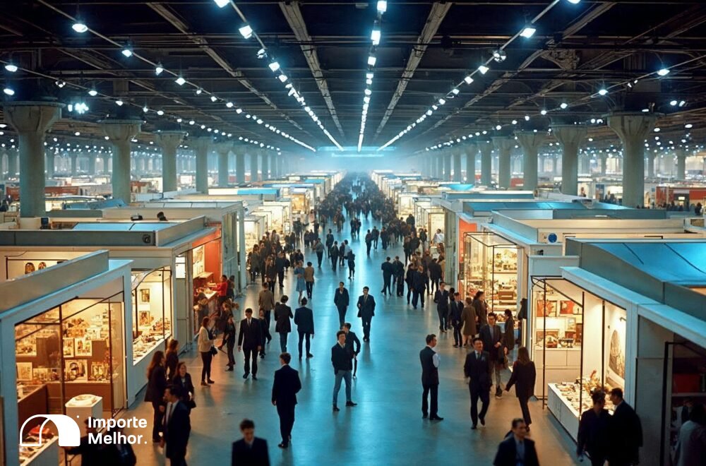 Corredores da Canton Fair com expositores e importadores brasileiros circulando pela feira internacional