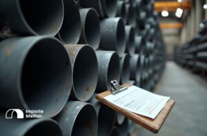 Tubos de aço carbono empilhados em armazém com prancheta de documentos, ilustrando revisão do catálogo de produtos Inmetro tubos aço