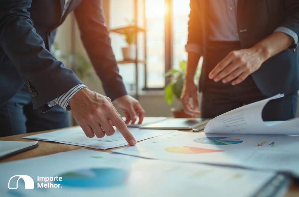 Empresário e especialista discutindo revisão de catálogo de produtos Inmetro tubos aço em escritório moderno