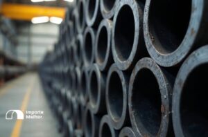 Tubos de aço carbono empilhados em armazém, representando a exigência do catálogo Inmetro tubos aço