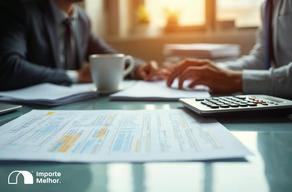 Mesa de contador com documentos fiscais representando IBS e CBS no cClassTrib DUIMP após Reforma Tributária