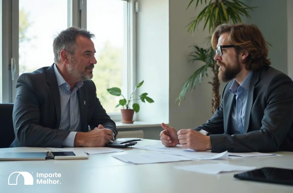 Empresário e consultor discutindo cClassTrib IBS CBS importação em declaração aduaneira