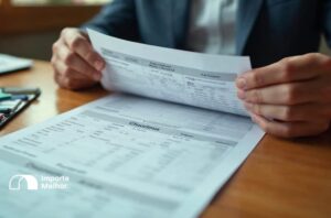 Despachante analisando tabela de classificação fiscal NCM impressa com amostras de produto