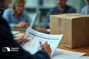 Despachante aduaneiro revisando documentos de contingência manual no trânsito aduaneiro