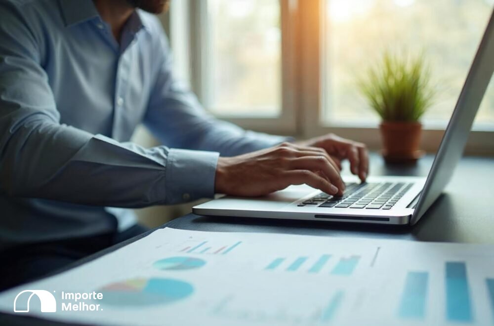 Importador consultando procedimento de contingência trânsito aduaneiro no computador