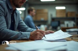 Gestor analisando documentos de drawback isenção suspensão em mesa de trabalho industrial