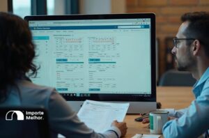 Despachante aduaneiro analisando documentos da DUIMP importação em computador moderno