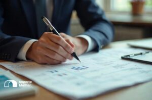 Despachante analisando tabela de classificação fiscal NCM com amostras de produto sobre a mesa