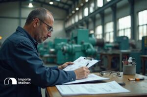 Engenheiro analisando especificações técnicas de equipamento para pedido de ex-tarifário importação
