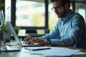 Empresário verificando habilitação DUIMP importação no Portal Único em escritório moderno