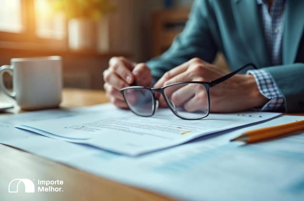 Profissional revisando documentos de habilitação DUIMP importação sobre mesa de trabalho