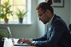 Empresário realizando habilitação RADAR importação no computador em escritório moderno