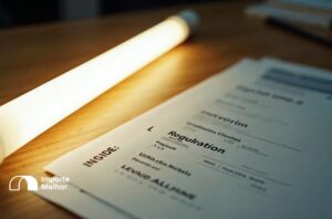 Lâmpada fluorescente sobre mesa com documentos regulatórios, ilustrando a proibição de importação de lâmpadas fluorescentes com mercúrio em 2026
