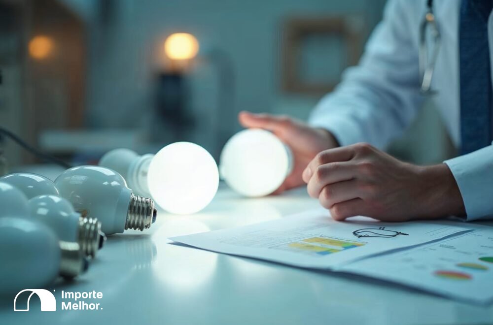 Especialista comparando lâmpadas fluorescentes com mercúrio e alternativas LED sobre mesa técnica, análise das NCMs afetadas pela importação de lâmpadas fluorescentes com mercúrio