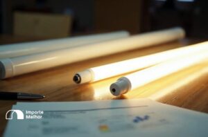 importação lâmpadas fluorescentes NCM 8539 sobre mesa com documentos técnicos representando a proibição de importação