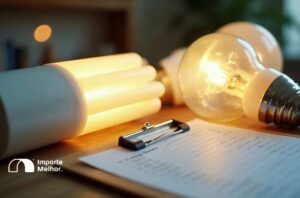 Lâmpadas com mercúrio sobre mesa com checklist representando a proibição de importação lâmpadas mercúrio NCM
