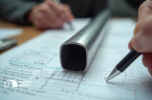 Amostra de tubo de aço sobre documento técnico representando Inmetro importação tubos aço