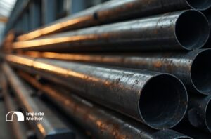 Tubos de aço carbono empilhados em armazém industrial sujeitos a controle do Inmetro na importação