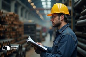 Importador verificando exigências do Inmetro tubos de aço carbono em armazém industrial
