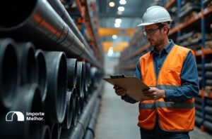Trabalhador conferindo tubos de aço carbono em armazém industrial, representando Inmetro tubos de aço importação