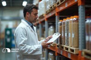 Inspetor examinando insumos de bebidas em armazém, representando a inspeção Anvisa insumos bebidas