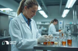 Profissional examinando amostras de preparações de bebidas sujeitas à inspeção Anvisa NCM 2106.90.10