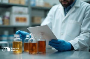 Técnica examinando frascos de xarope durante inspeção Anvisa preparações bebidas