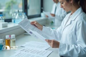 Técnico revisando documentação sanitária para inspeção física Anvisa na importação de insumos para bebidas
