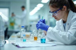 Técnico analisando amostras de preparações para bebidas, representando a inspeção física Anvisa NCM 21069010