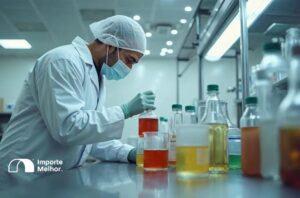 Inspetor analisando preparações de bebidas NCM 21069010 em mesa de inspeção física Anvisa