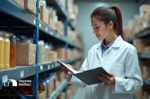Auditor examinando embalagens de insumos para bebidas na inspeção física Anvisa NCM 21069010