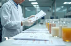 Técnico revisando documentação de preparações para bebidas classificadas no NCM 21069010 antes da inspeção física da Anvisa