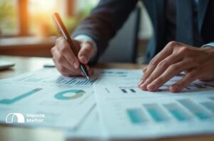 Especialista analisando tabela de IPI na importação sobre mesa de escritório