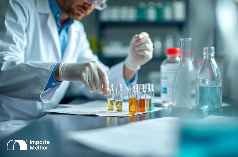 Técnico analisando amostras químicas de poluentes orgânicos persistentes sujeitos à LI Ibama