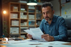 Despachante aduaneiro analisando documentos de licença de importação em escritório