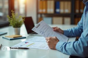 Profissional analisando documentos de licença de importação LI em escritório