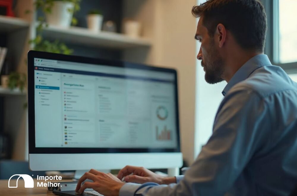 Empresário verificando status de licenciamento automático de importação no sistema