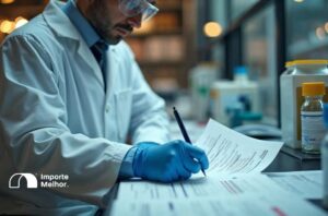 Especialista revisando documentos de licenciamento Ibama químicos POP em laboratório