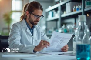 Especialista analisando documentos técnicos para licenciamento não-automático Ibama de poluentes orgânicos