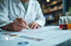 Técnica revisando documentos regulatórios de preparações para bebidas classificadas no NCM 21069010 Anvisa